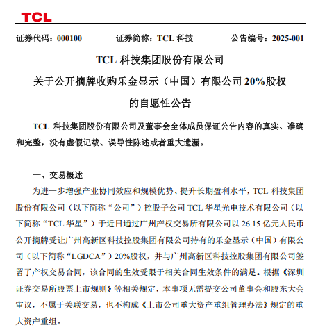 TCL華星以26.15億元摘牌收購(gòu)廣州高新科控持有的LGDCA 20%股權(quán)